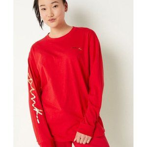 Victoria's Secret PINK Womens Long Sleeve Campus Tee Red Gold Script Logo XS NWT